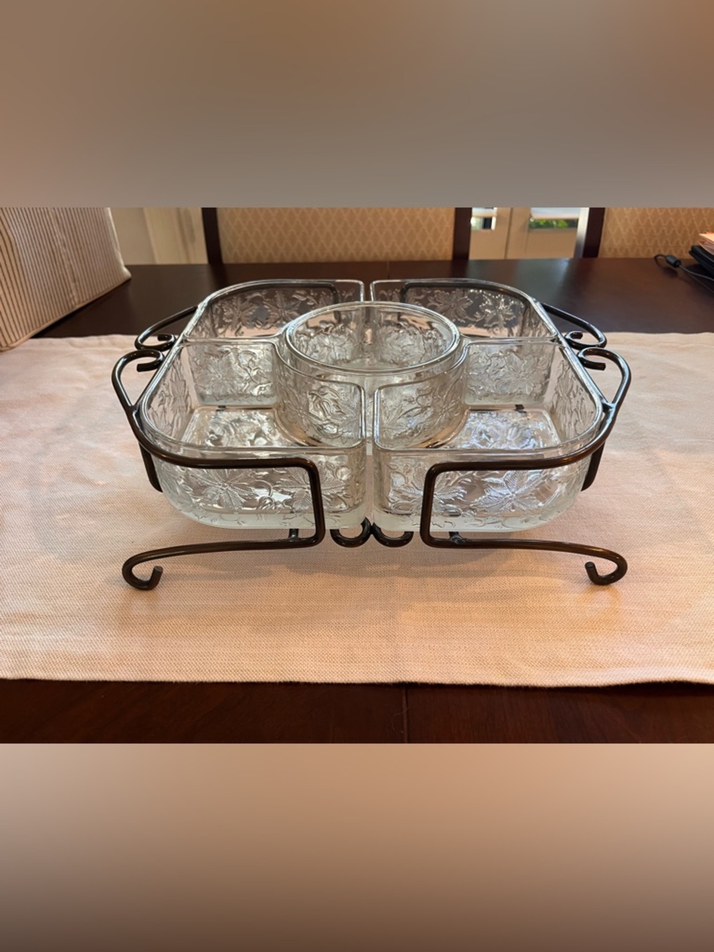 Vintage Princess House Fantasia Caddy Clear Glass Divided Server w/Metal Carrier